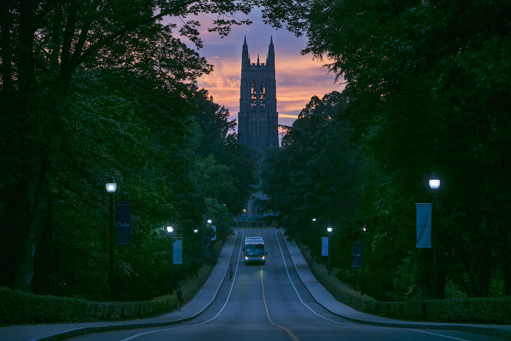 The sun sets behind Duke Chapel on a beautiful Spring day.