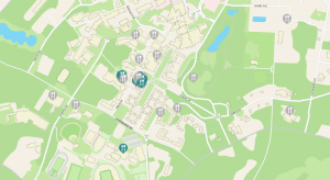 map of campus with pins where dining locations are