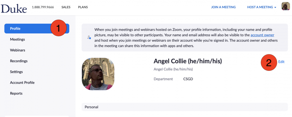 screenshot of Duke Zoom profile with red circles indicating steps 1 and 2 of changing pronouns