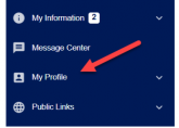 screenshot of dukehub menu with red arrow pointing at My Profile option