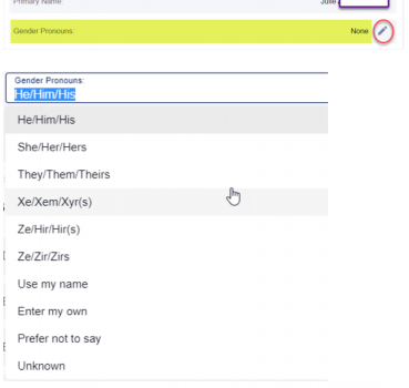 screenshot of DukeHub system with pronoun drop-down menu