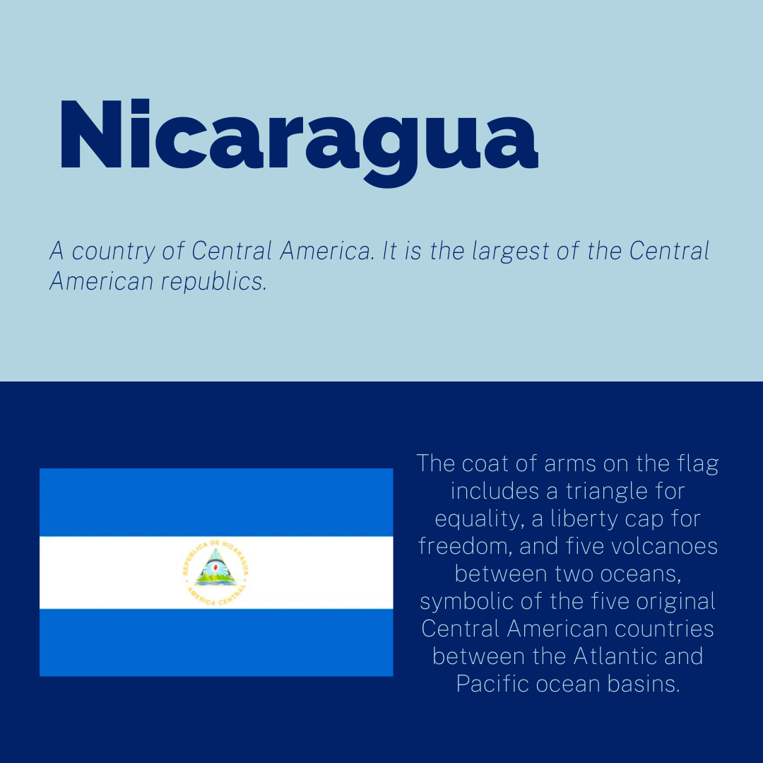 Nicaragua

A country of Central America. It is the largest of the Central American republics.

The coat of arms on the flag includes a triangle for equality, a liberty cap for freedom, and five volcanoes between two oceans, symbolic of the five original Central American countries between the Atlantic and Pacific ocean basins.

[Image: Flag of Nicaragua]