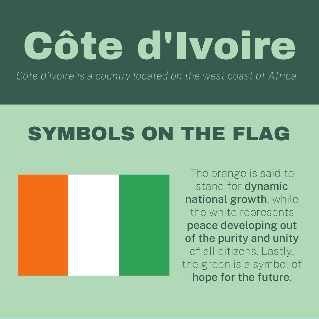 Côte d’Ivoire

Côte d'Ivoire is a country located on the west coast of Africa.

Symbols on the Flag

The orange is said to stand for dynamic national growth, while the white represents peace developing out of the purity and unity of all citizens. Lastly, the green is a symbol of hope for the future.

[Image: Côte d’Ivoire flag]