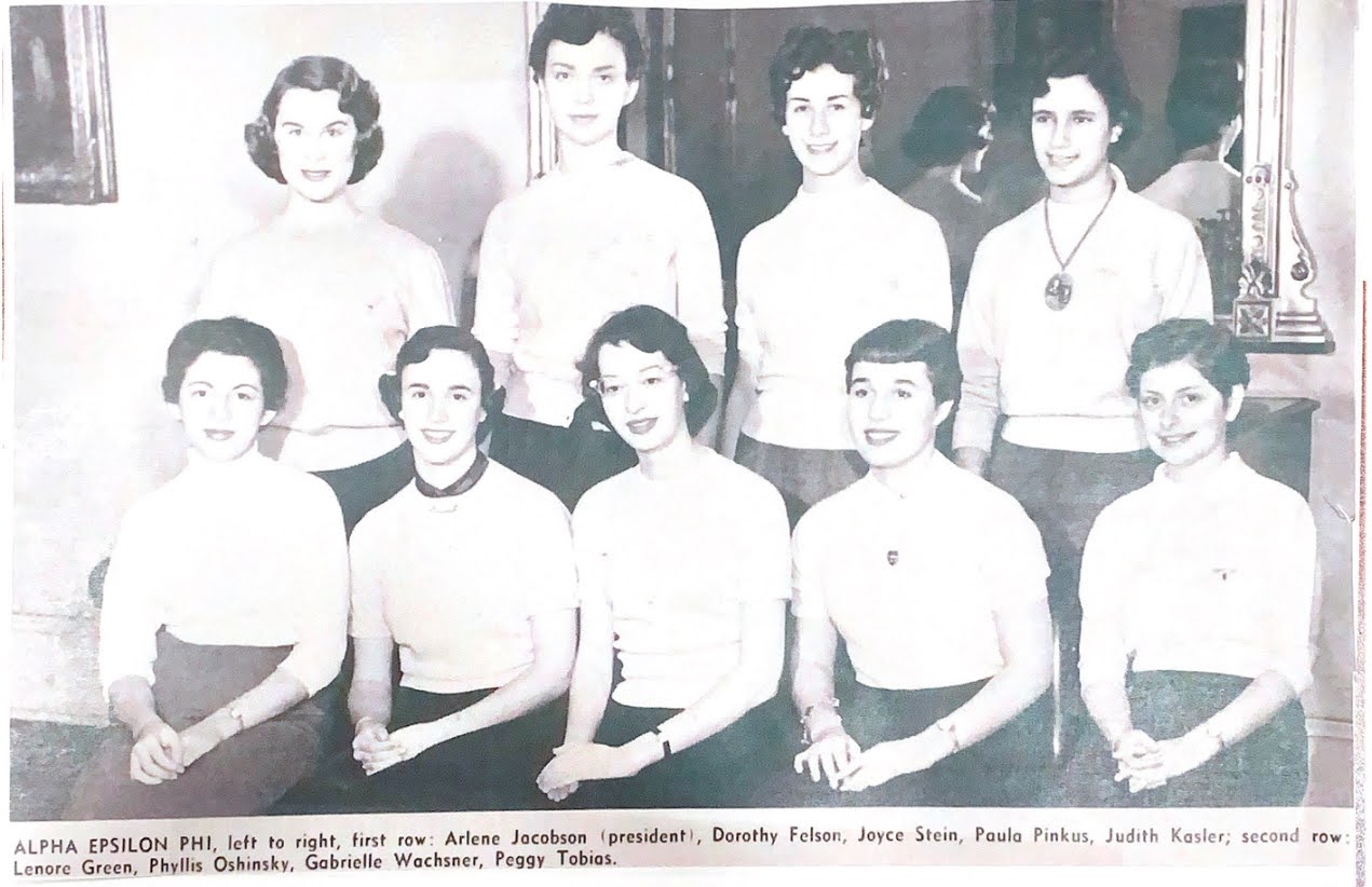 black & white Yearbook photo of the sorority Alpha Epsilon Phi from the 1950s