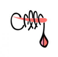 logo of the calla campaign; a pinkish-red line tapered at the left end and wider at the right end slashes horizontally across a white background; encircling the red line are thin black lines representing curls; from the wider red end of the red line a red teardrop extends down toward the bottom of the image