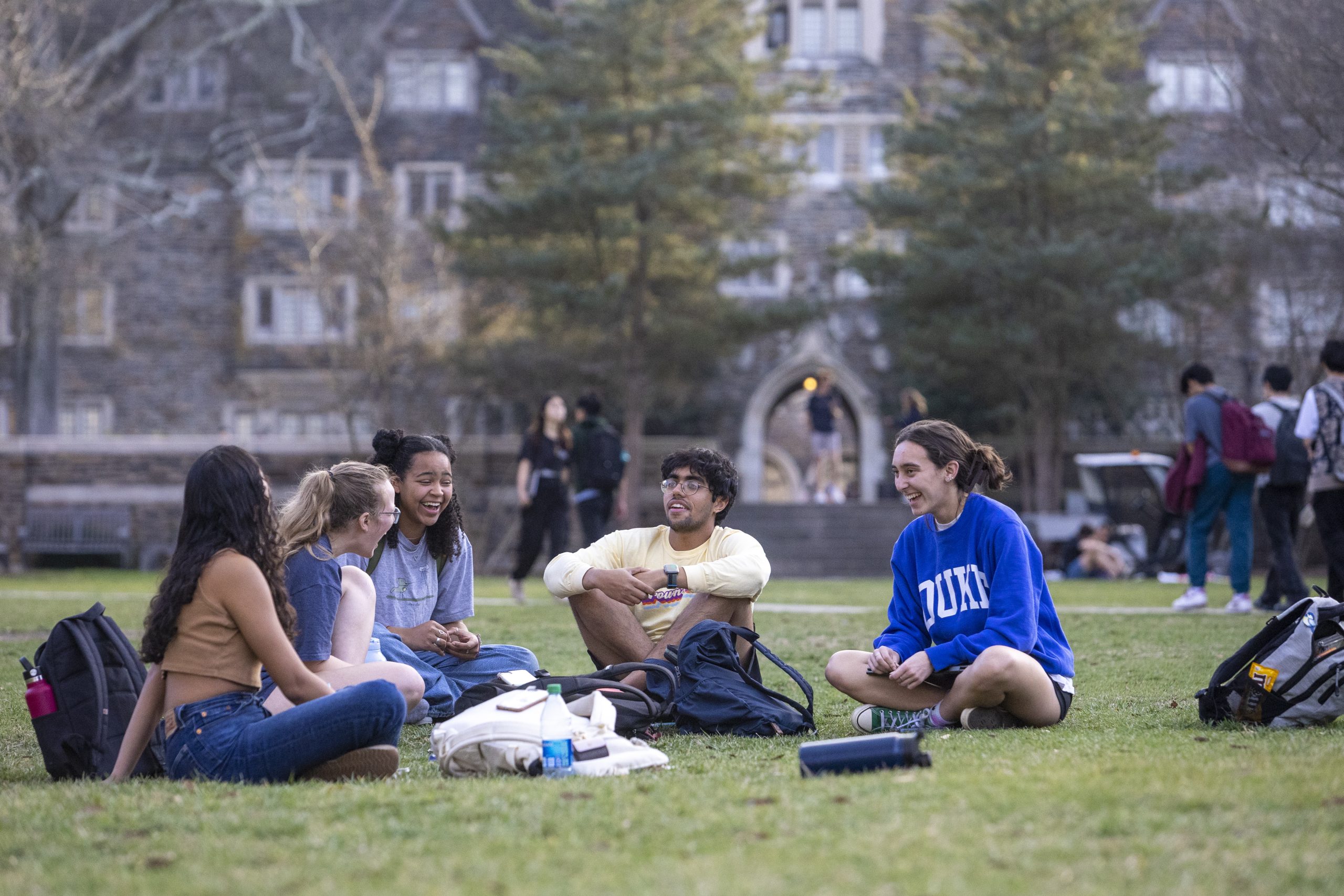 Students socialize and study during a beautiful February afternoon on Duke’s Abele Quad.