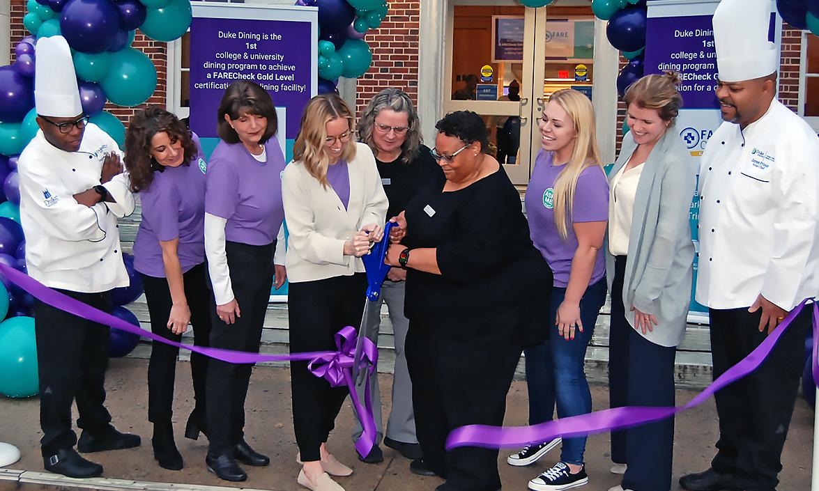 Ribbon cutting ceremony for Trinity Café and East Campus Marketplace, which received the FARECheck Gold Level certification for allergy-friendly procedures in January.