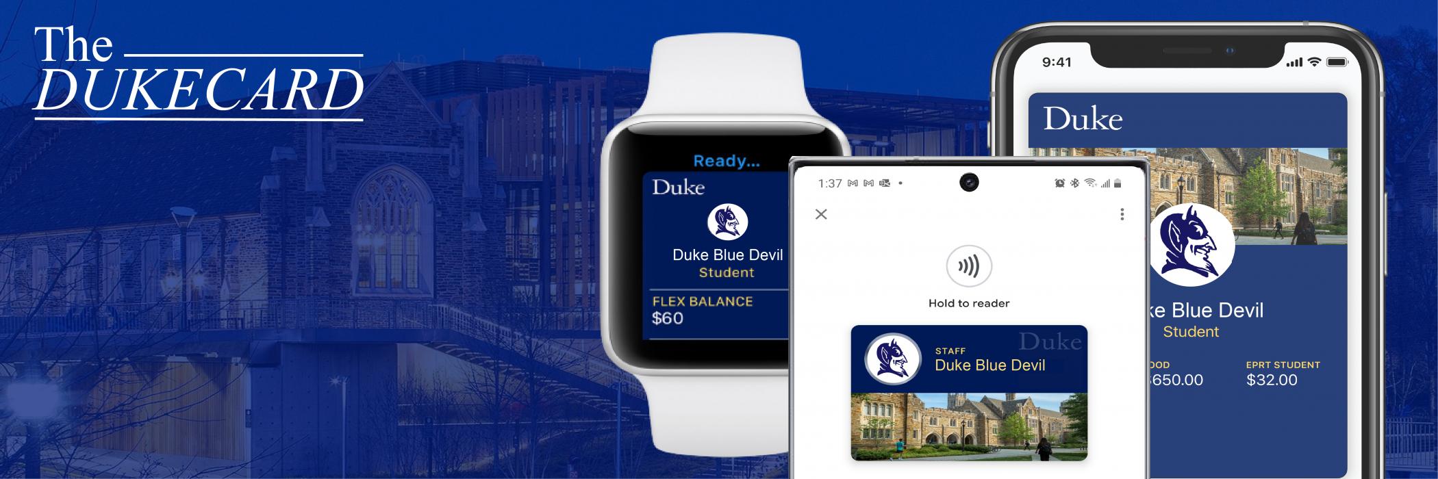 Banner image featuring a smart watch, a smartphone, and a web browser all displaying Mobile DukeCards
